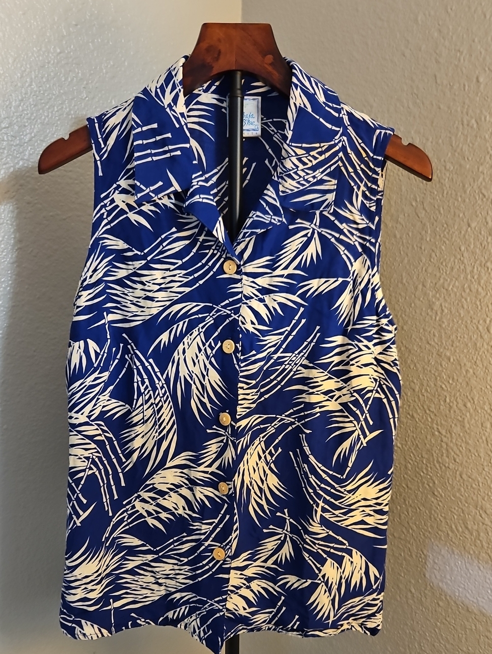 Vintage Baja Blue Tropical Palm Leaf Bamboo Button Up Top M Made in USA